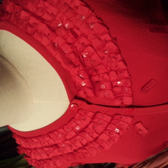 ANN TRINITY ♡ Gorgeous Red Ribbon Sequin Embellished Bling Button Front Blouse M - Picture 6 of 16